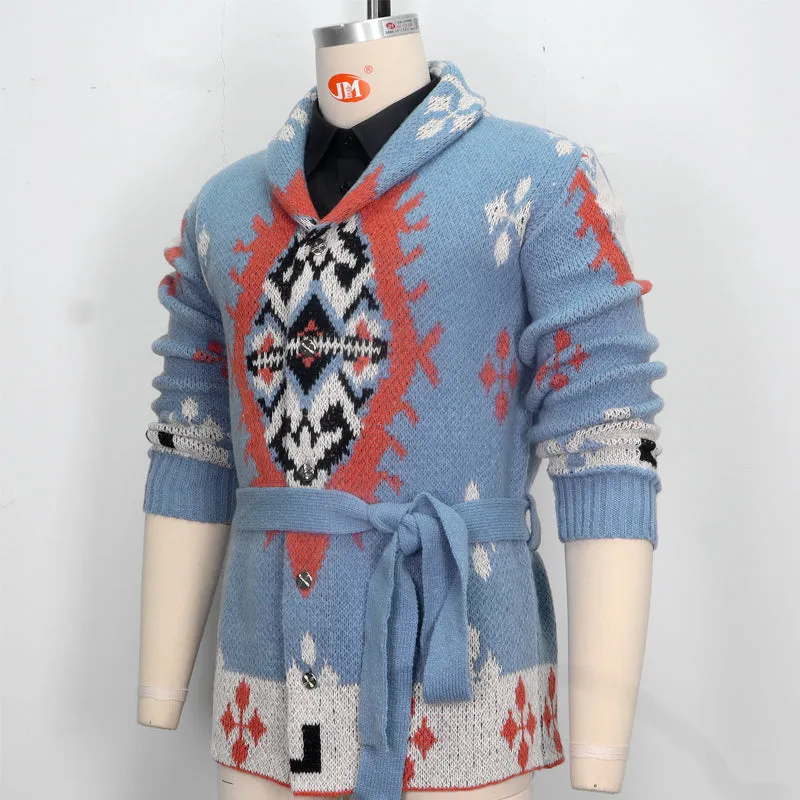 Men's Vintage Jacquard Shawl Collar Belted Mid-Length Cardigan 61288475Y sold by Manly product image thumbnail 3