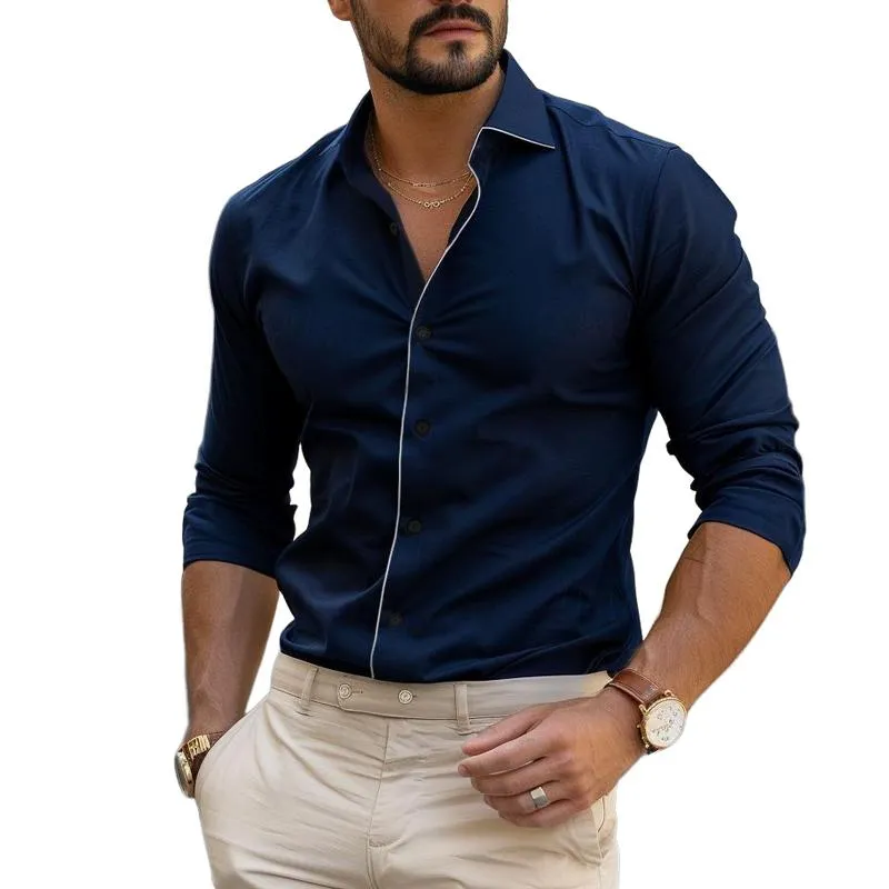 Men's Business Casual Colorblock Lapel Long Sleeve Shirt 50495869Y sold by Manly