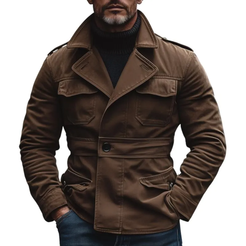 Men's Casual Outdoor Cotton Washed Multi-pocket Notch Collar Slim Trench Coat 00042826M sold by Manly