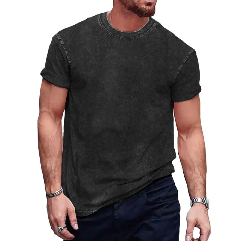 Men's Vintage Distressed Washed Round Neck Short-sleeved T-shirt 80240624TO sold by Manly