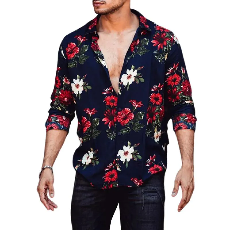 Men's Casual Lapel Floral Print Long Sleeve Shirt 51690739TO sold by Manly