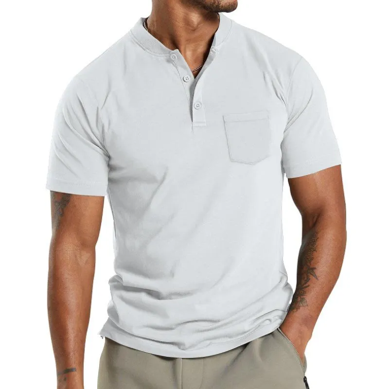 Men's Solid Henley Collar Breast Pocket Short Sleeve T-shirt 25670704Z sold by Manly
