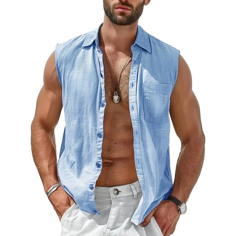 Men's Cotton and Linen Solid Color Lapel Tank Tops 31036766X sold by Manly