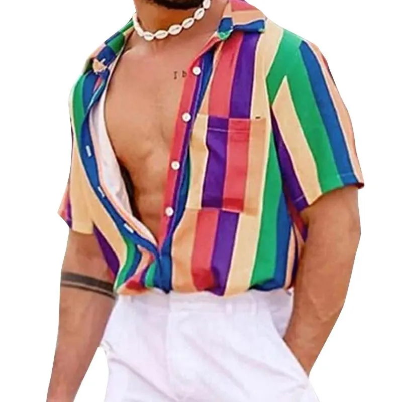 Men's Casual Rainbow Stripe Printed Short Sleeve Shirt 00116943Y sold by Manly