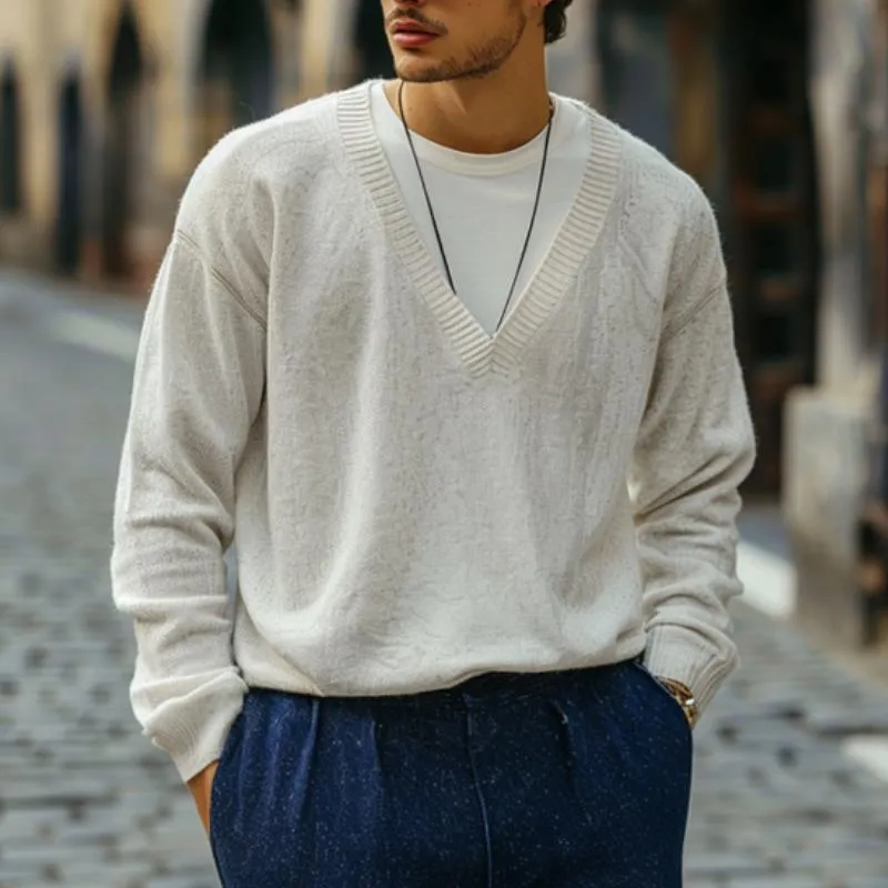 Men's Casual Solid Color V-Neck Loose Long Sleeve Knitted Sweater 05233498M sold by Manly product image thumbnail 3