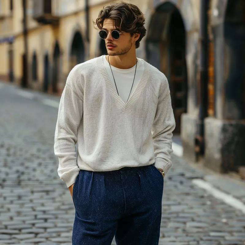 Men's Casual Solid Color V-Neck Loose Long Sleeve Knitted Sweater 05233498M sold by Manly product image thumbnail 2