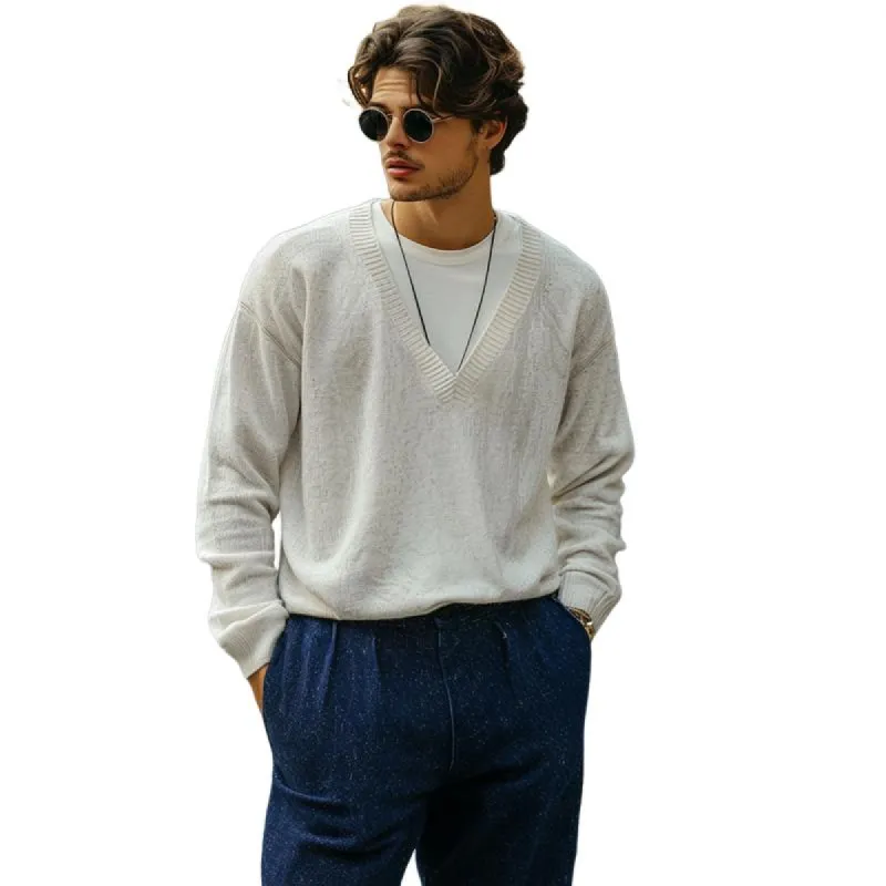 Men's Casual Solid Color V-Neck Loose Long Sleeve Knitted Sweater 05233498M sold by Manly