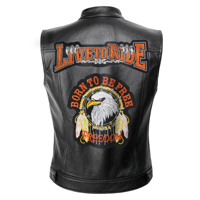 Men's Vintage Embroidered Cloth Patch Biker Leather Vest 96542092Y sold by Manly