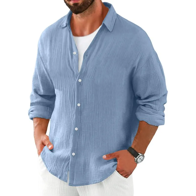 Men's Casual Cotton Linen Pleated Lapel Loose Long-sleeved Shirt 82882874M sold by Manly