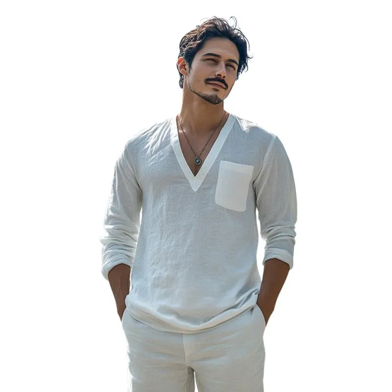 Men's Casual Cotton Blend V-Neck Patch Pocket Long Sleeve Shirt 62455761M sold by Manly