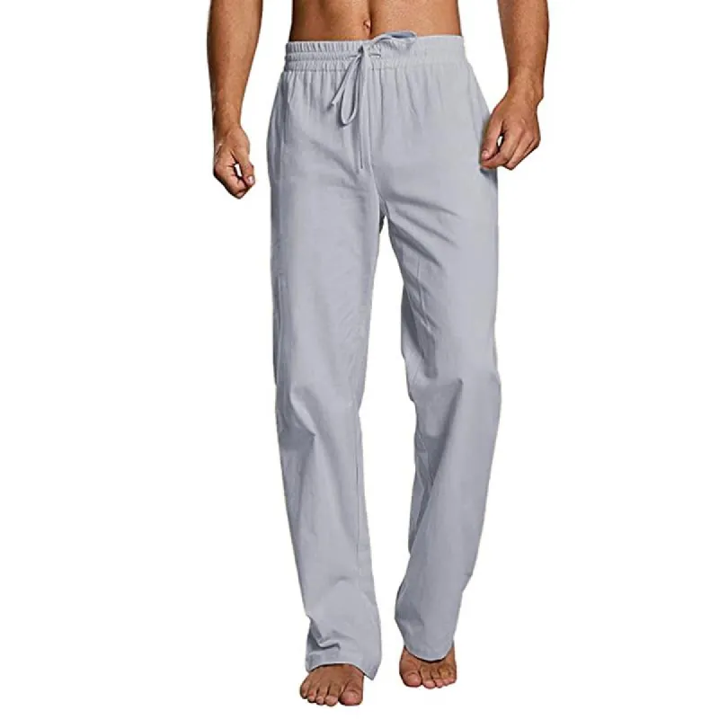 Men's Solid Loose Cotton And Linen Drawstring Elastic Waist Casual Trousers 23514144Z sold by Manly
