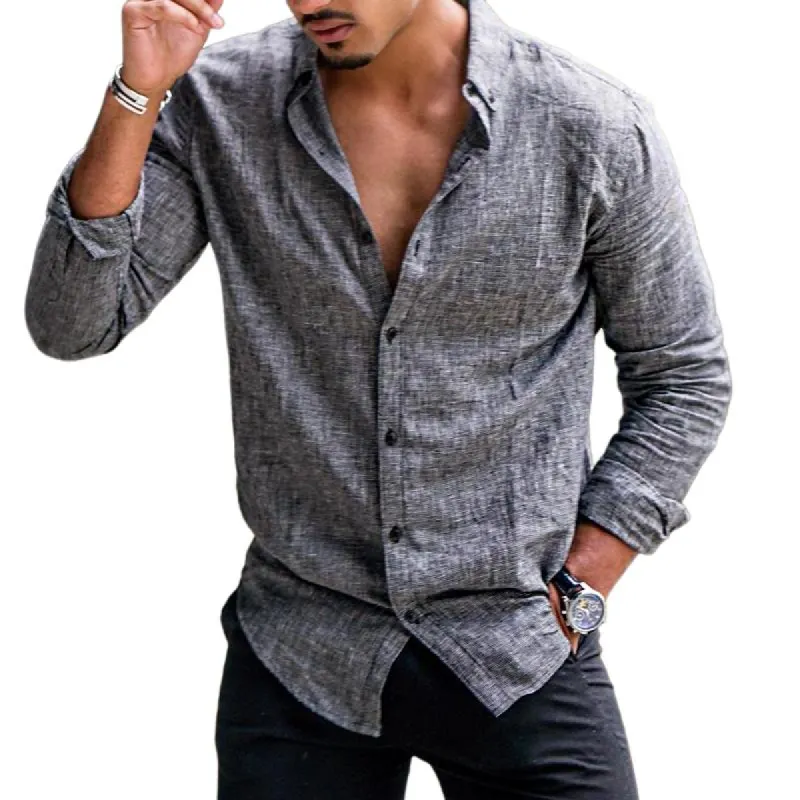 Men's Retro Casual Cotton and Linen Lapel Long Sleeve Shirt 66137363TO sold by Manly