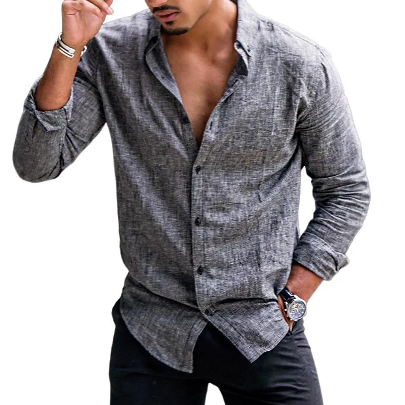 Men's Retro Casual Cotton and Linen Lapel Long Sleeve Shirt 66137363TO sold by Manly