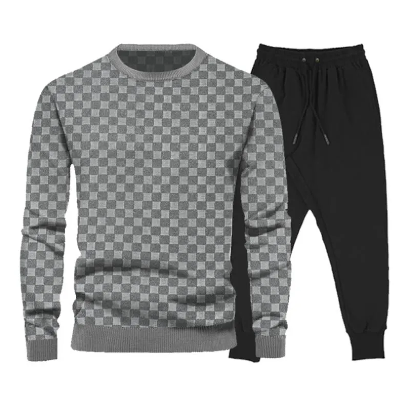 Men's Casual Round Neck Checkerboard Loose Sweatshirt Solid Color Sweatpants Set 82911652M sold by Manly