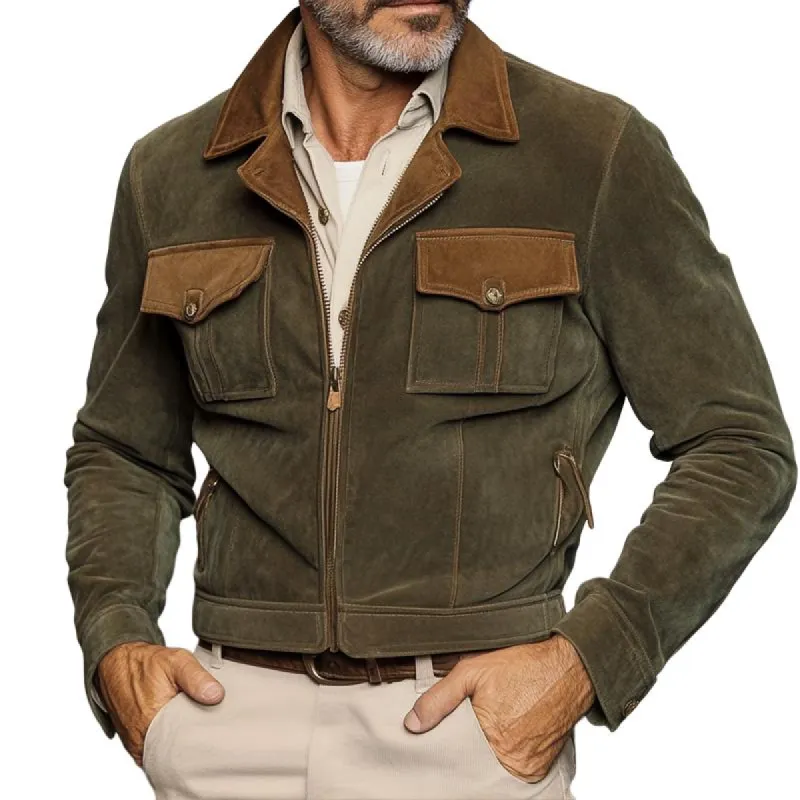 Men's Fashion Suede Colorblock Lapel Chest Pocket Zipper Cargo Jacket 09187792Z sold by Manly