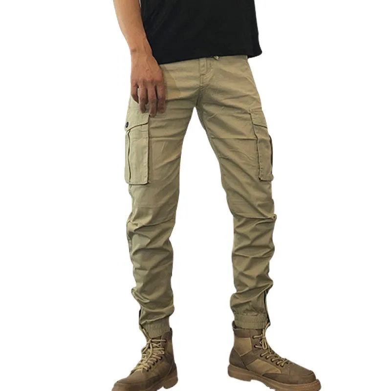 Men's Solid Multi-pocket Elastic Waist Cotton Cargo Pants 16864944Z sold by Manly