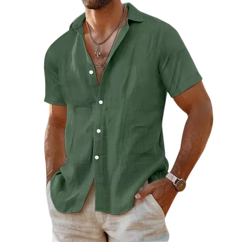 Men's Casual Cotton Linen Solid Color Lapel Slim Short Sleeve Shirt 40996443M sold by Manly product image thumbnail 5