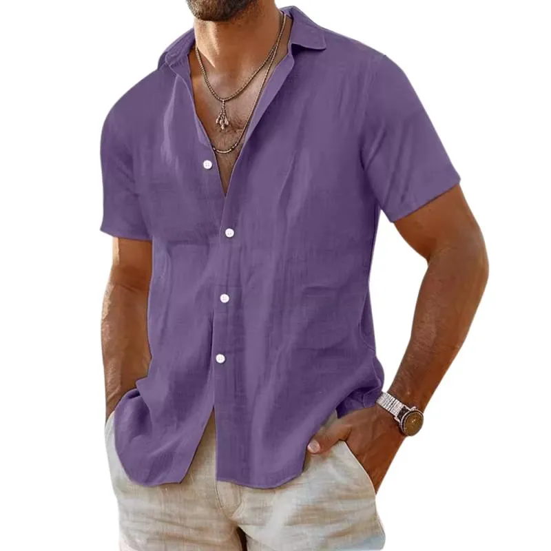 Men's Casual Cotton Linen Solid Color Lapel Slim Short Sleeve Shirt 40996443M sold by Manly product image thumbnail 4