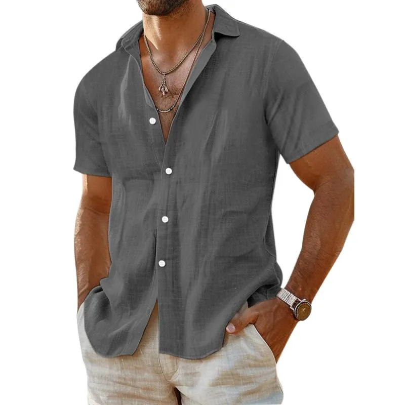 Men's Casual Cotton Linen Solid Color Lapel Slim Short Sleeve Shirt 40996443M sold by Manly