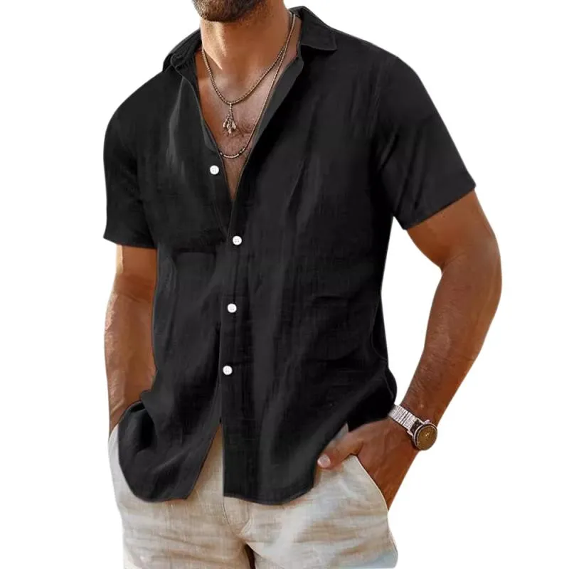 Men's Casual Cotton Linen Solid Color Lapel Slim Short Sleeve Shirt 40996443M sold by Manly product image thumbnail 2