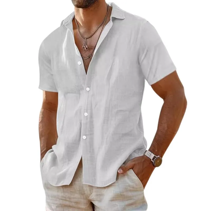 Men's Casual Cotton Linen Solid Color Lapel Slim Short Sleeve Shirt 40996443M sold by Manly product image thumbnail 3