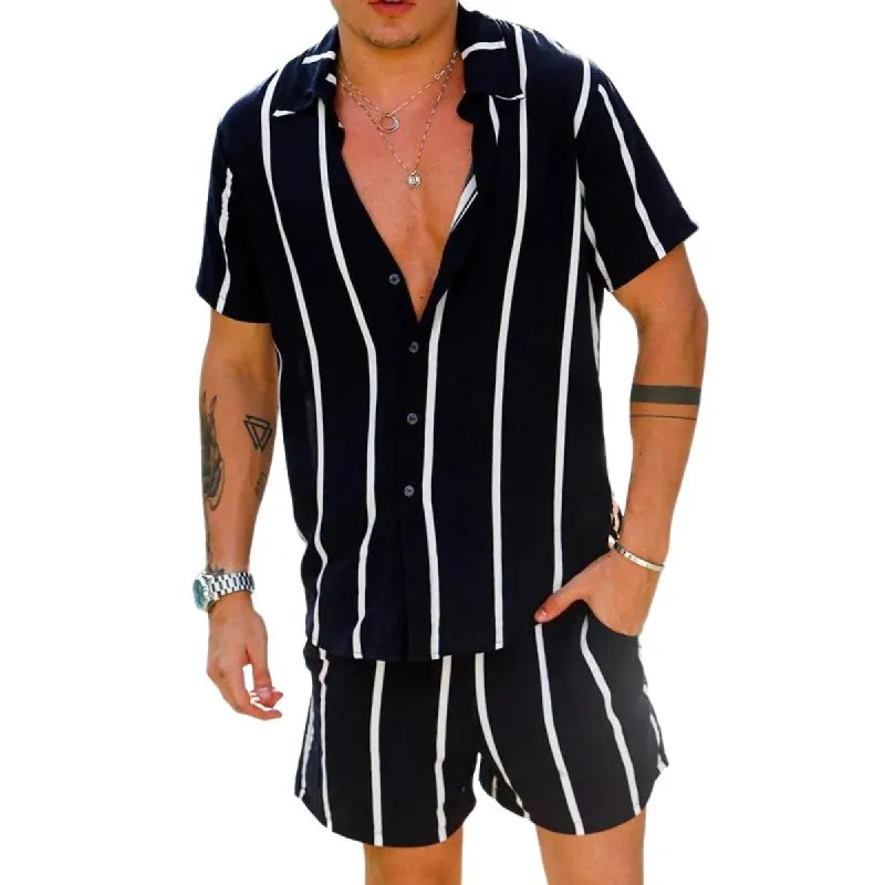 Men's Striped Print Short Sleeve Shirt Shorts Set 87841550Y sold by Manly
