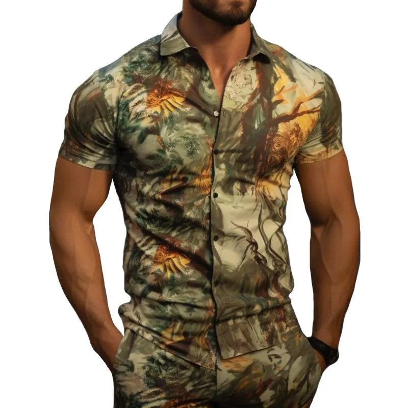 Men's Retro Casual Floral Beach Lapel Short Sleeve Shirt 32426539TO sold by Manly