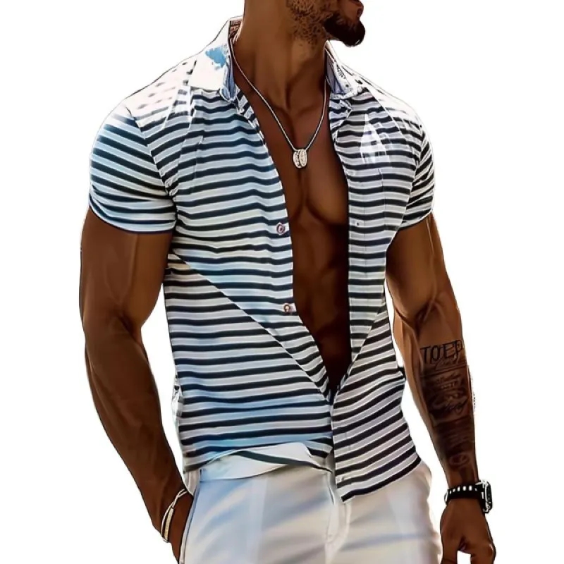 Men's Casual Striped Lapel Short Sleeve Shirt 75367311TO sold by Manly