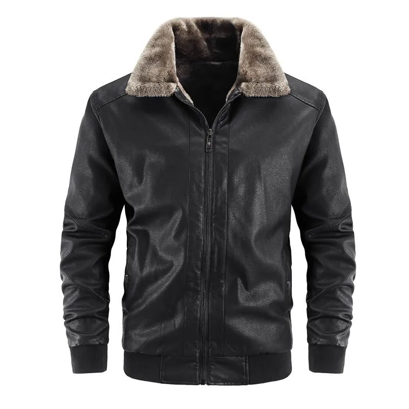 Men's Fleece Lapel Zipper Leather Jacket 36382213X sold by Manly