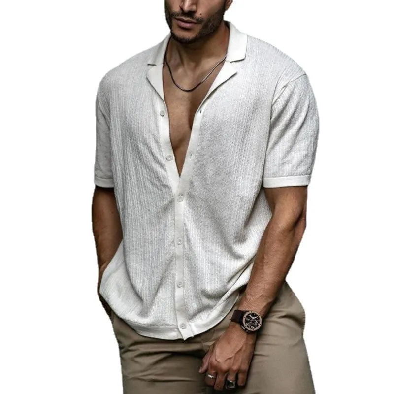 Men's Casual Loose Solid Color Knitted Short Sleeves Shirt 53180186M sold by Manly
