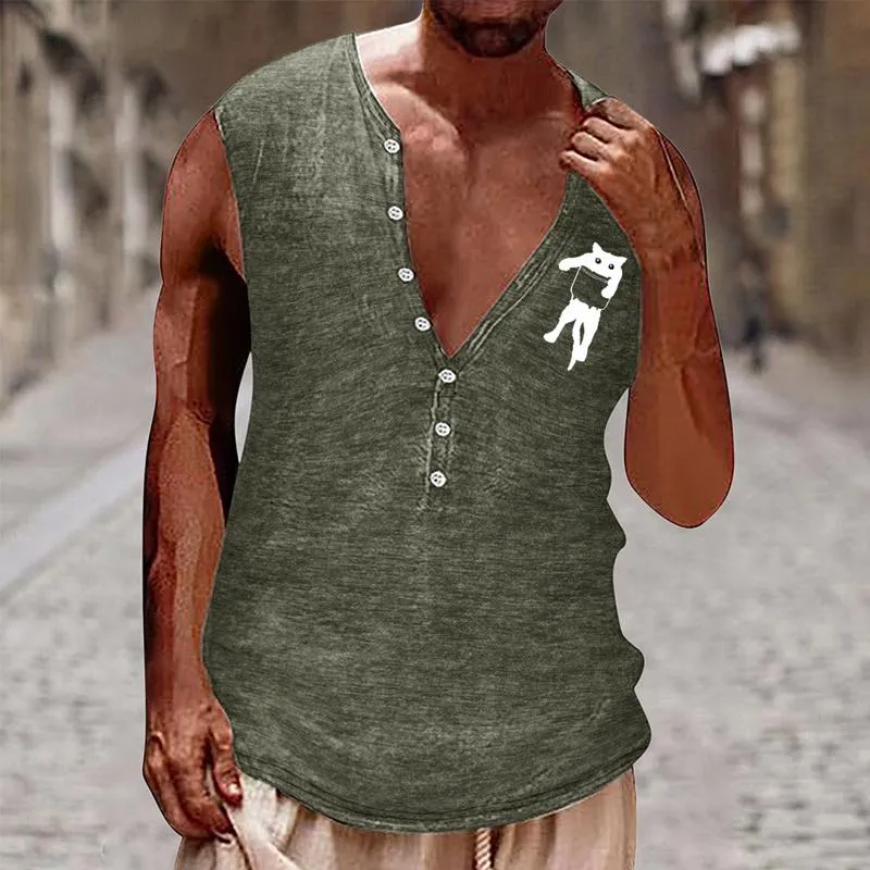 Men's Casual Cat Print Henley Collar Tank Top 19321866Y sold by Manly product image thumbnail 3