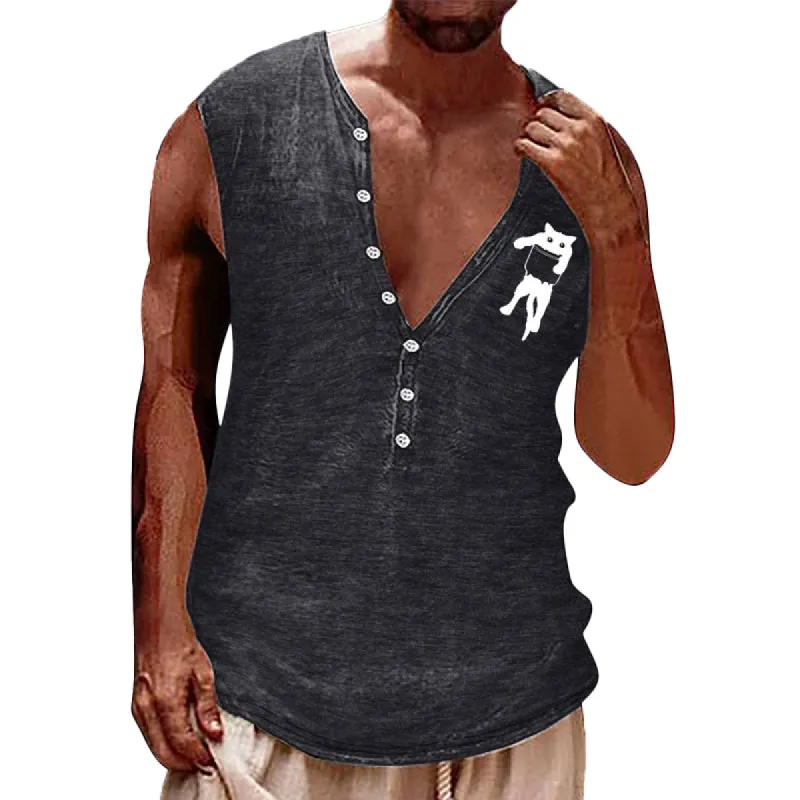 Men's Casual Cat Print Henley Collar Tank Top 19321866Y sold by Manly