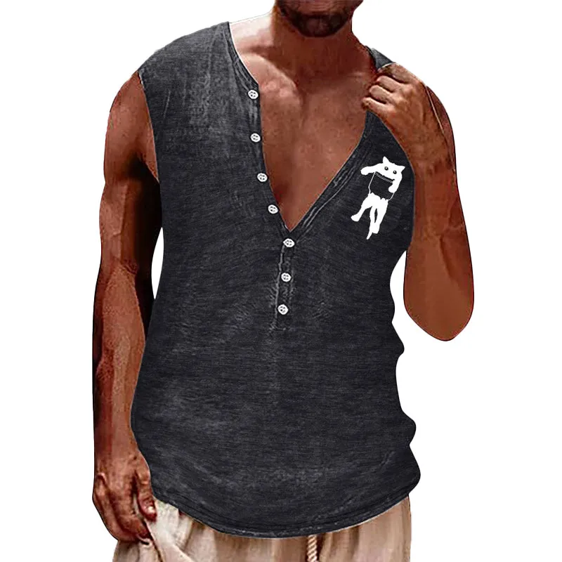 Men's Casual Cat Print Henley Collar Tank Top 19321866Y sold by Manly