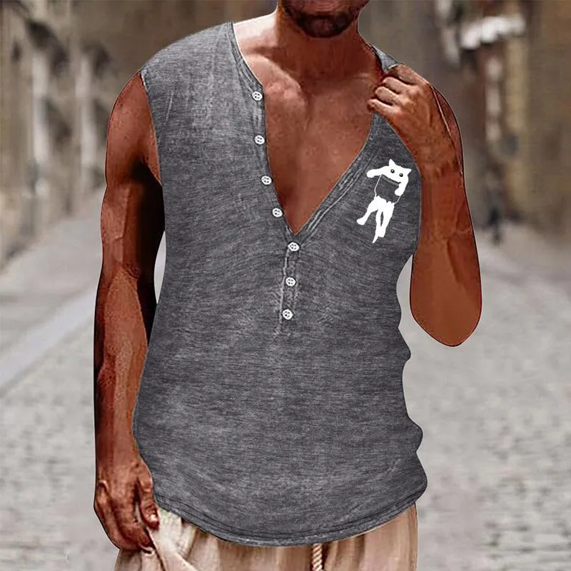 Men's Casual Cat Print Henley Collar Tank Top 19321866Y sold by Manly product image thumbnail 5