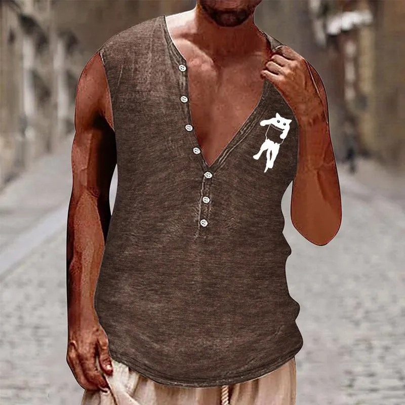 Men's Casual Cat Print Henley Collar Tank Top 19321866Y sold by Manly product image thumbnail 4