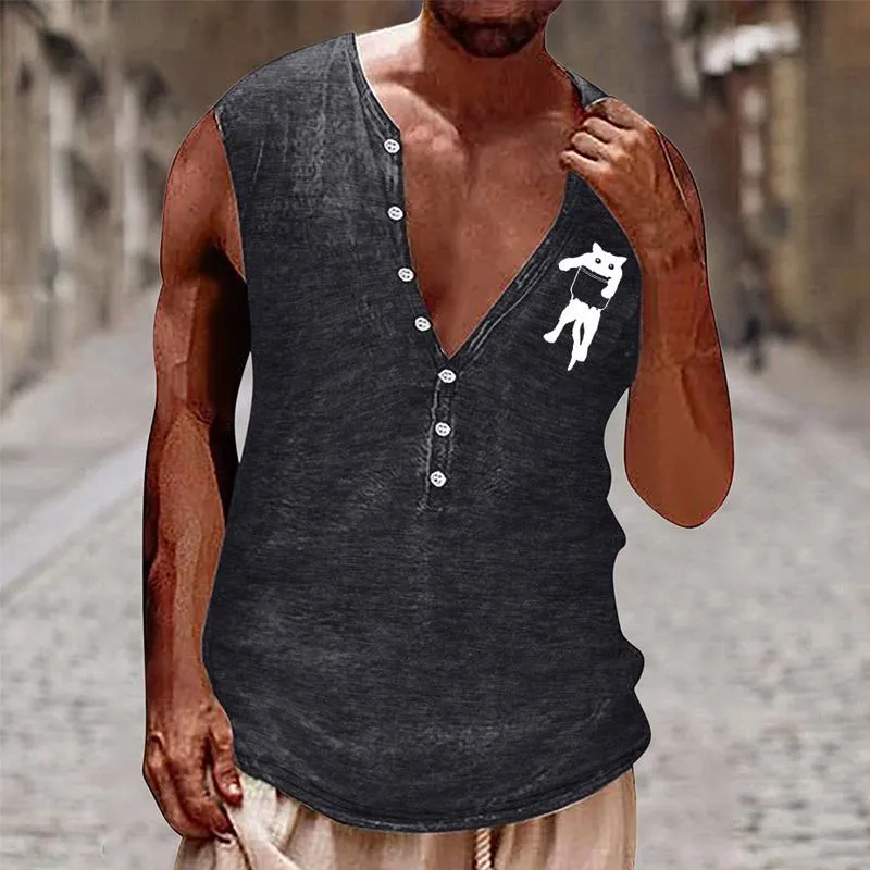 Men's Casual Cat Print Henley Collar Tank Top 19321866Y sold by Manly product image thumbnail 2