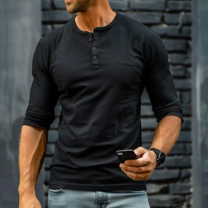 Men's Solid Henley Neck Chest Pocket Long Sleeve T-Shirt 92136534Y sold by Manly product image thumbnail 3