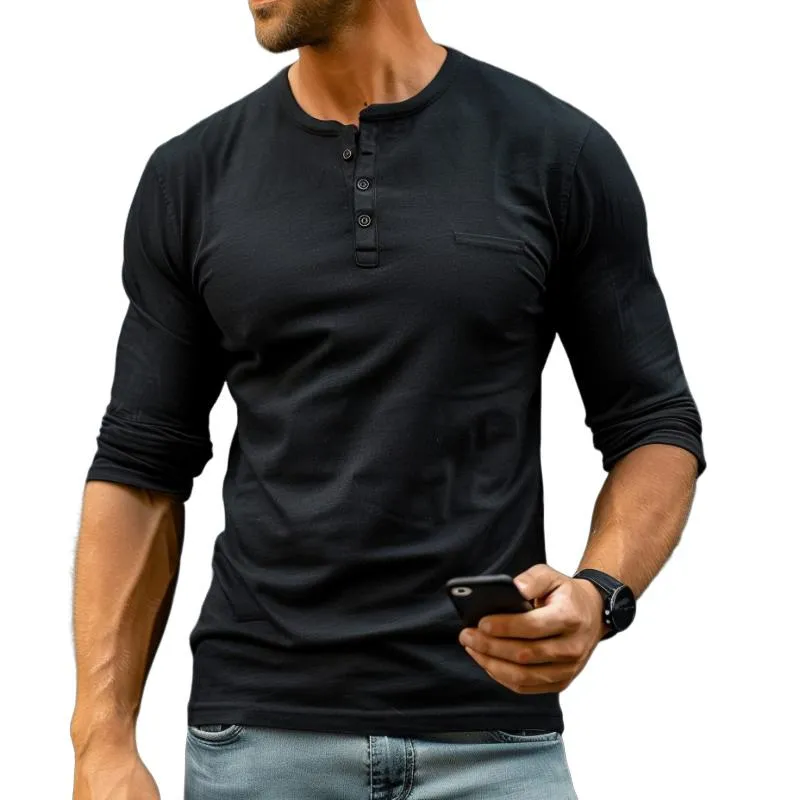Men's Solid Henley Neck Chest Pocket Long Sleeve T-Shirt 92136534Y sold by Manly