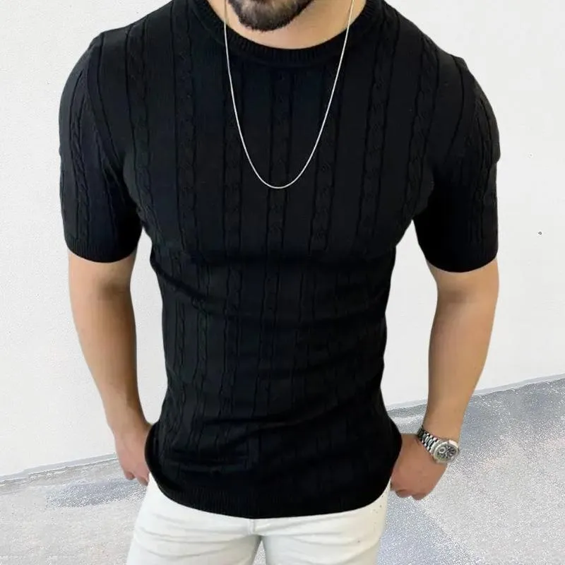 Men's Casual Thin Slim Round Neck Short Sleeve Cable Knit Sweater 80739212M sold by Manly product image thumbnail 4