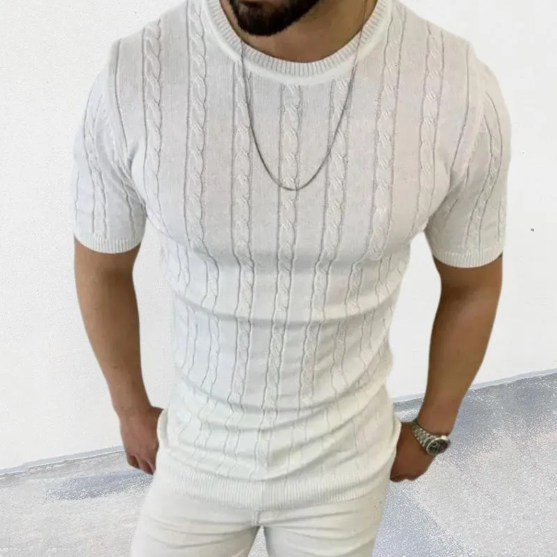 Men's Casual Thin Slim Round Neck Short Sleeve Cable Knit Sweater 80739212M sold by Manly product image thumbnail 3