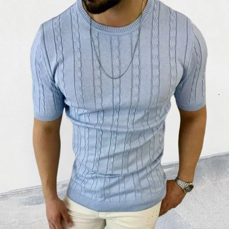 Men's Casual Thin Slim Round Neck Short Sleeve Cable Knit Sweater 80739212M sold by Manly product image thumbnail 5
