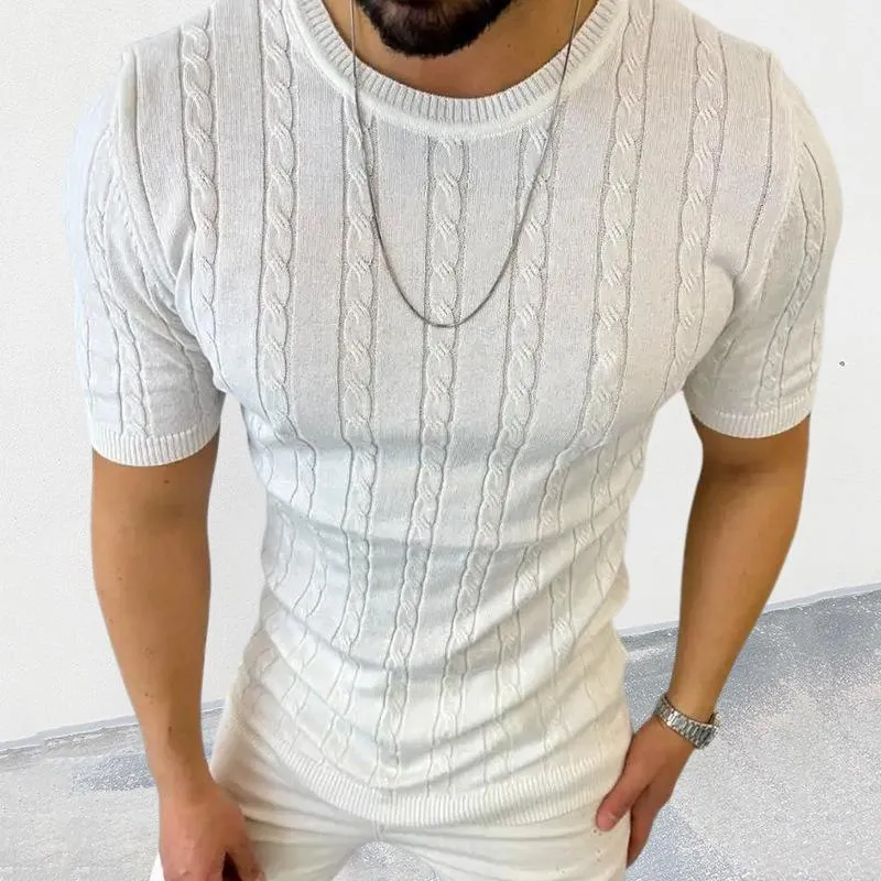 Men's Casual Thin Slim Round Neck Short Sleeve Cable Knit Sweater 80739212M sold by Manly product image thumbnail 2