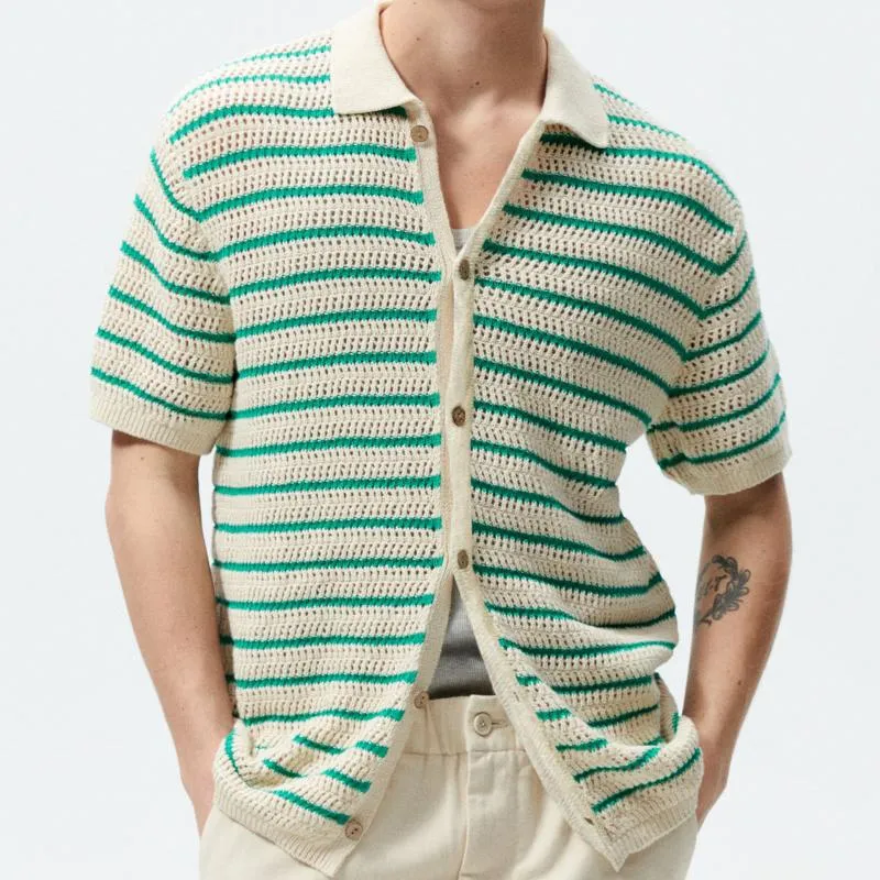 Men's Casual Striped Lapel Short-Sleeved Knitted Cardigan 59721856M sold by Manly product image thumbnail 5