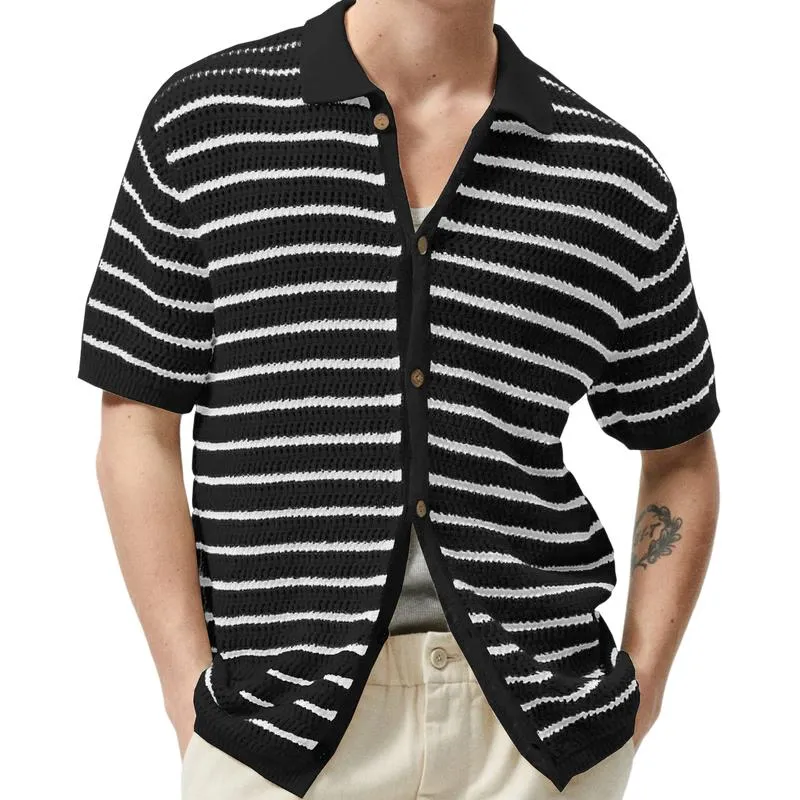 Men's Casual Striped Lapel Short-Sleeved Knitted Cardigan 59721856M sold by Manly