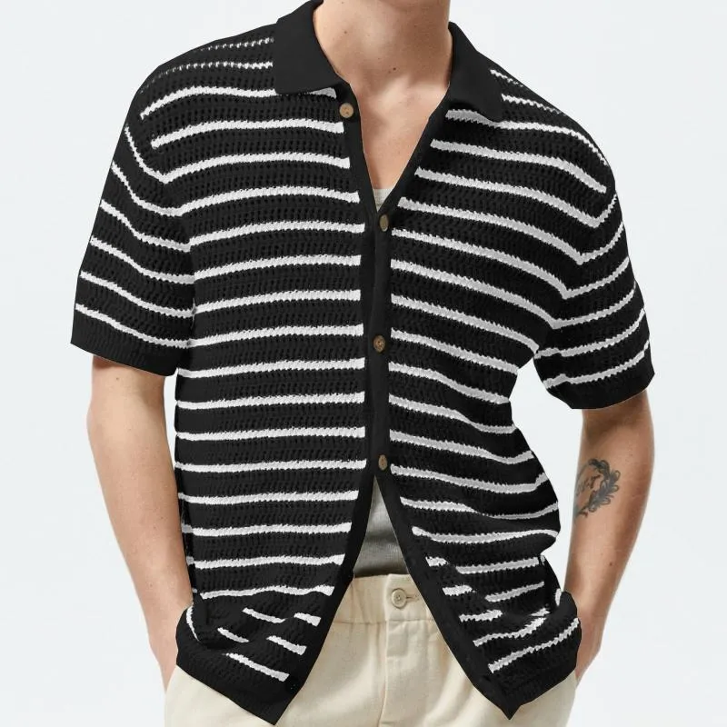 Men's Casual Striped Lapel Short-Sleeved Knitted Cardigan 59721856M sold by Manly product image thumbnail 2