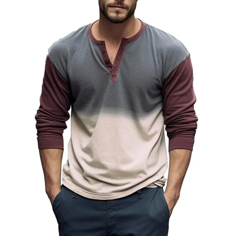 Men's Casual Color Block Gradient Print Henley Neck Long Sleeve T-Shirt 70456717Y sold by Manly