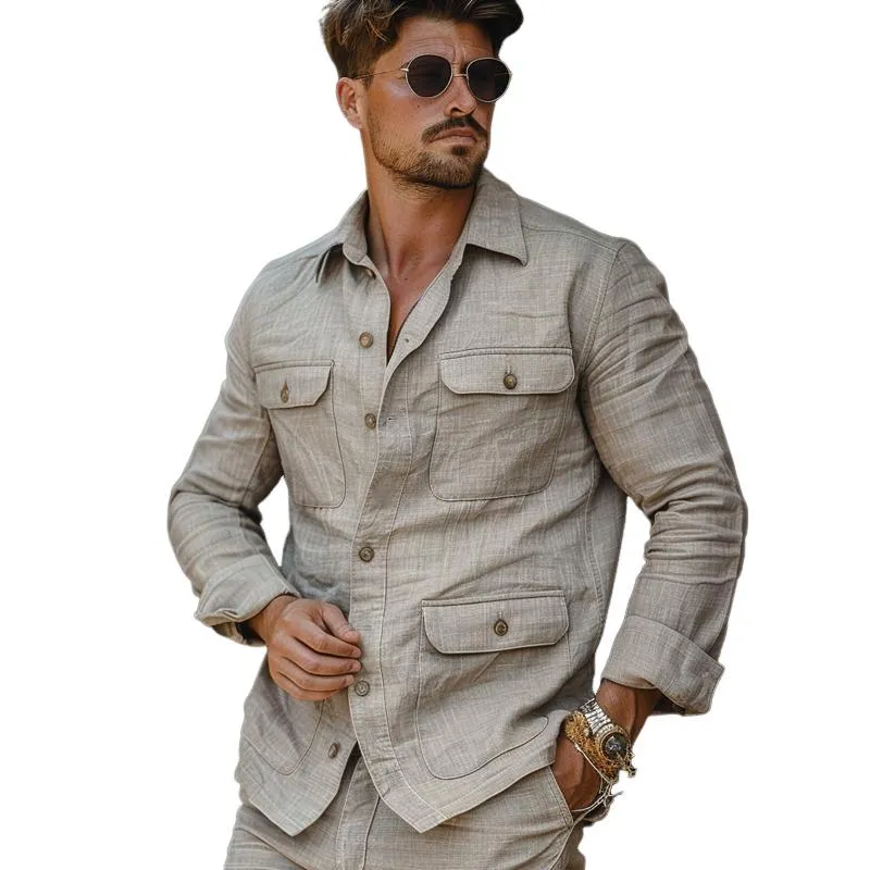 Men's Casual Cotton Linen Lapel Multi-Pocket Single-Breasted Jacket 38378609M sold by Manly