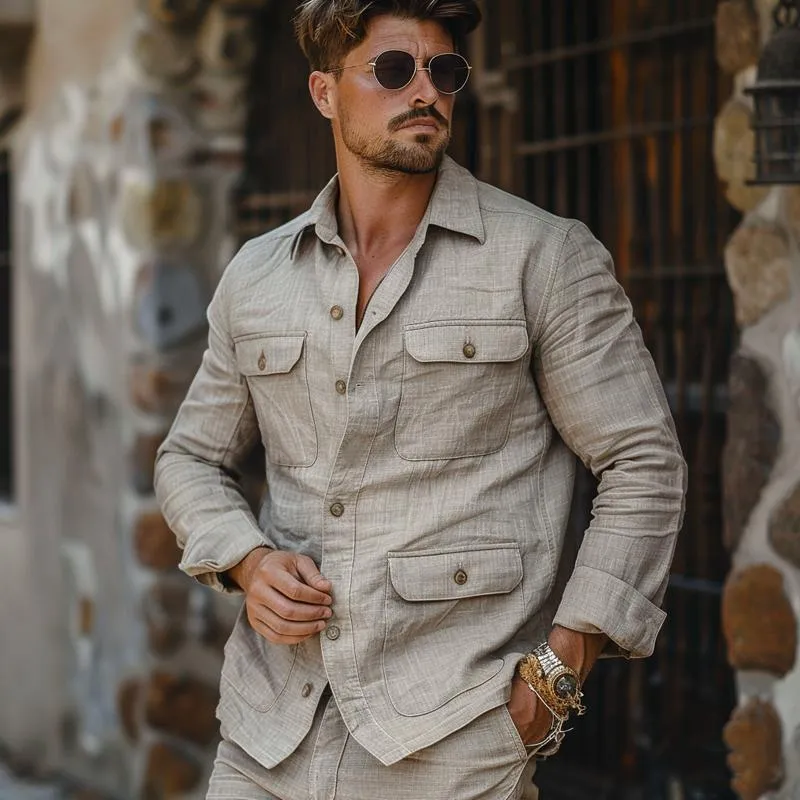 Men's Casual Cotton Linen Lapel Multi-Pocket Single-Breasted Jacket 38378609M sold by Manly product image thumbnail 2