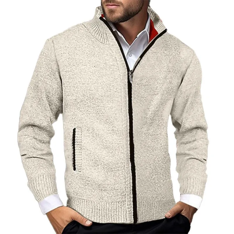 Men's Casual Stand Collar Colorblock Long Sleeve Zipper Knitted Cardigan 20949799M sold by Manly