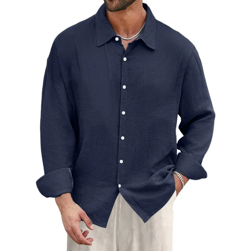 Men's Casual Cotton Linen Pleated Lapel Loose Long-sleeved Shirt 21693530M sold by Manly